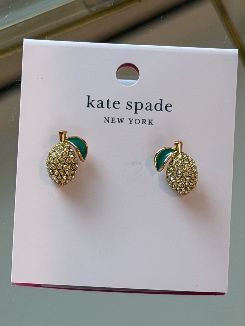kate spade Gold Crystal Lemon Stud Earrings with Green Leaf